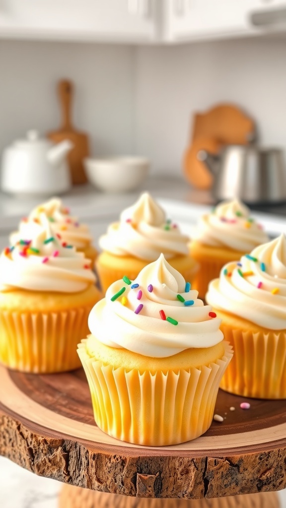 Vegan vanilla cupcakes topped with frosting and sprinkles on a wooden cake stand.